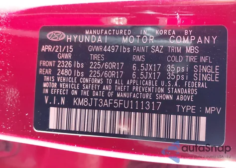 2015 Hyundai Tucson Gls z USA, uszkodzony, nr VIN KM8JT3AF5FU111317